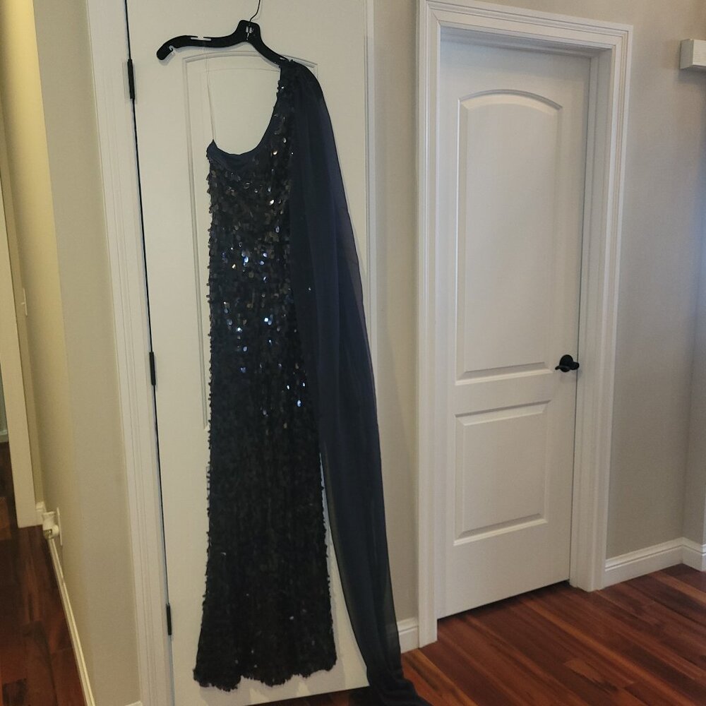 Navy Blue, 1 Shoulder, Sequin form fitting dress with (Custom) side shawl.